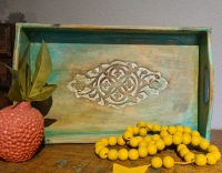 Houten Dienblad met houtsnijwerk - vintage Ibiza look